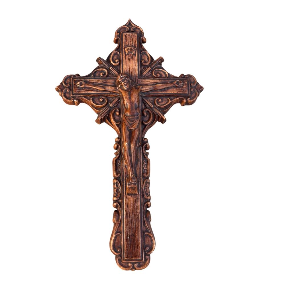 Vintage Hanging Crucifix Cross Jesus Christ 12 1/2” Wall Mount Brown Porcelain